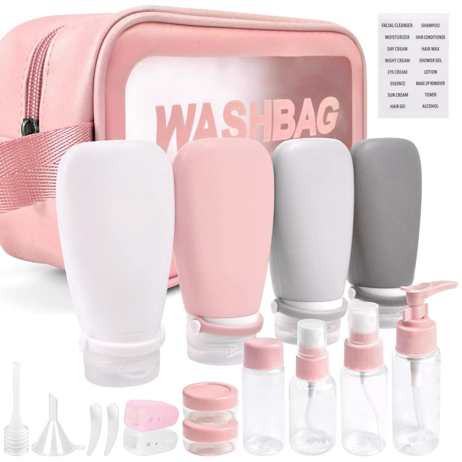 18 Pcs Travel Bottles for Toiletries Gym TSA Approved, Leak Proof with Bandage Silicone Squeezable for Toner Shampoo Conditioner Lotion Body Wash with Funnel Toothbrush cover Tag and Wash Bag.