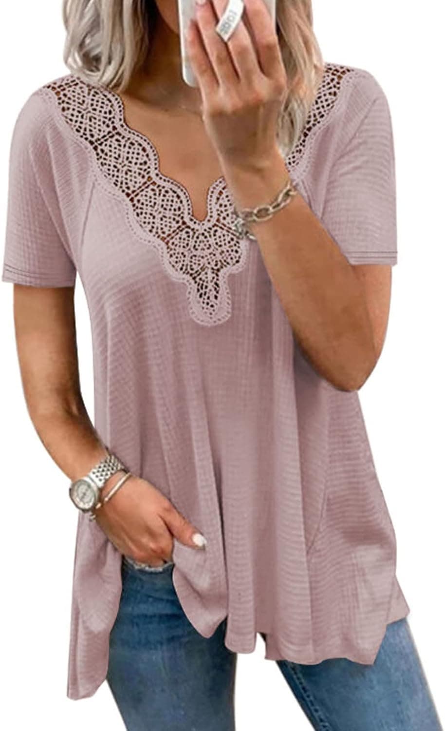 Welinone Summer Tops for Women Short Sleeve Shirts V Neck Lace Blouses Casual Tunic Tops Pink X-Large
