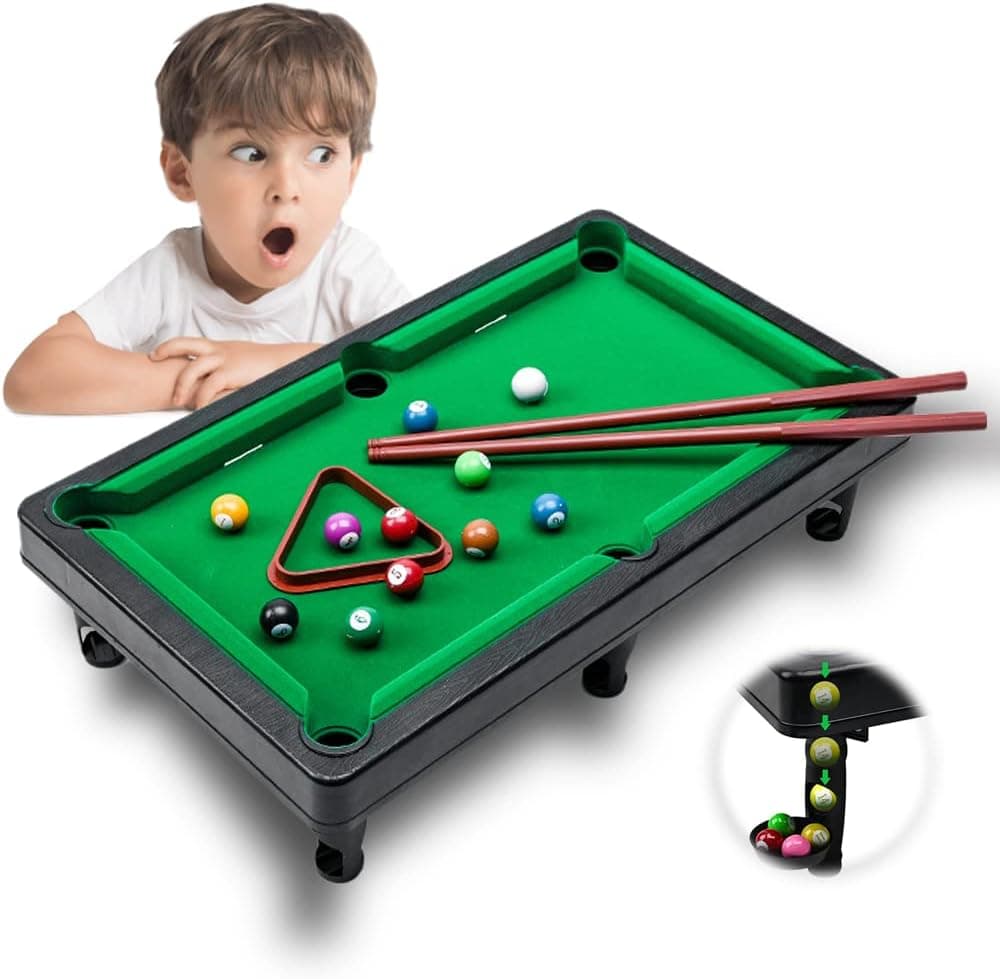 Mini Pool Table Playset, 2023 New Mini Table Billiards Game, Creative Portable Small Billiards Game with 15 Resin Balls, Pool Game Set for Kids Adults Family