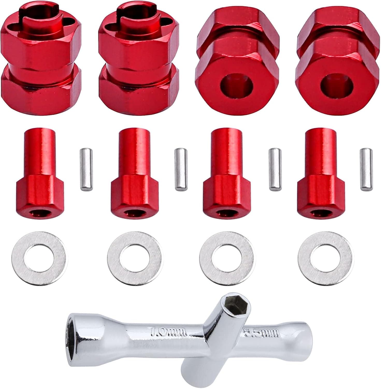 AllinRC Extended Wheel Hubs 7mm Hex Extension & Cross Wrench Upgrades for Axial SCX24 1/24 RC Crawler Car (Red)