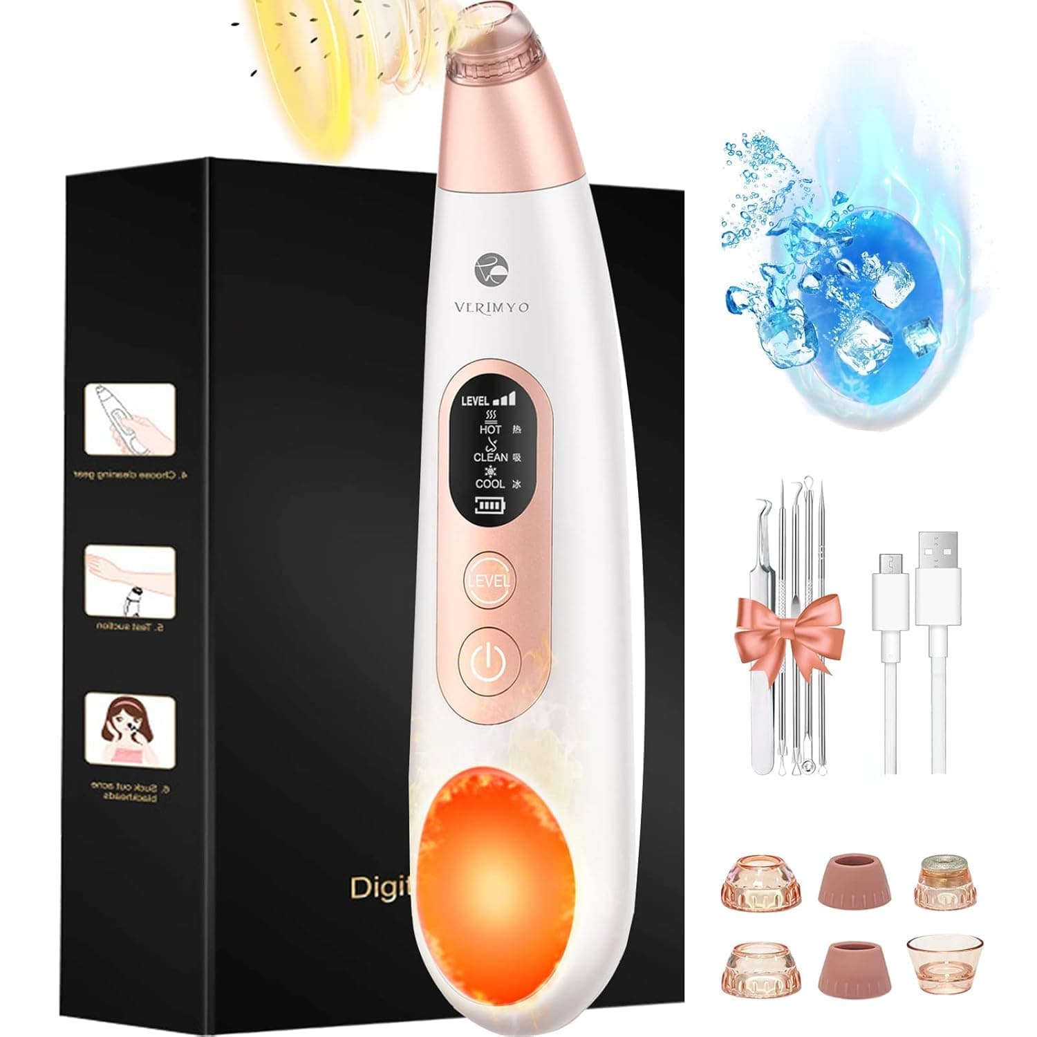 Blackhead Remover Pore Vacuum, VERIMYO Hot Cold Compress Blackhead Removal with 6 Suction Heads, 2023 Newest Pimple Extractor, Black Head Tools Remover 65Kpa, Pore Vacuum Kit (V-E218 2.0)