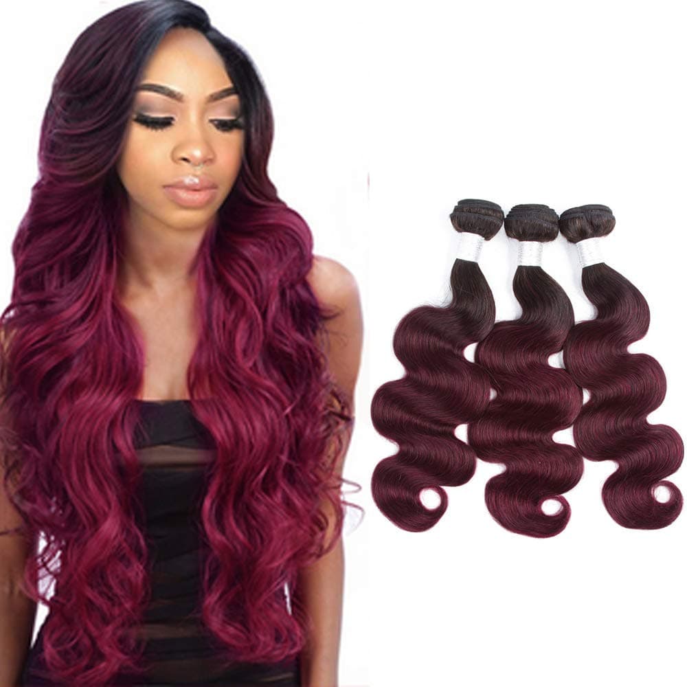 Brailian Body Wave Remy Ombre Hair Bundles Red Hair Bundle Body Wave Brazilian Hair Bundle 1B99J Burgundy Bundles Tow Tone 8A Ombre Hair Bundles 16 18 20 inch