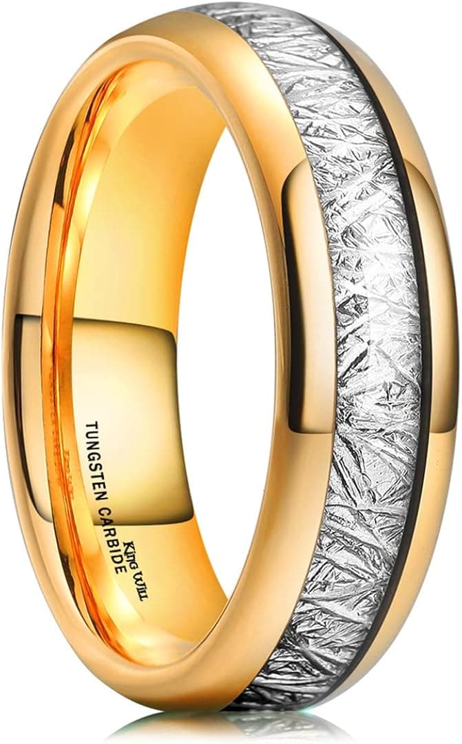 King Will 6mm/8mm Mens Tungsten Carbide Ring Imitated Meteorite Carbon Fiber Inlay Rings Silver/Gold Domed Engagement Band for Men Polished Comfort Fit