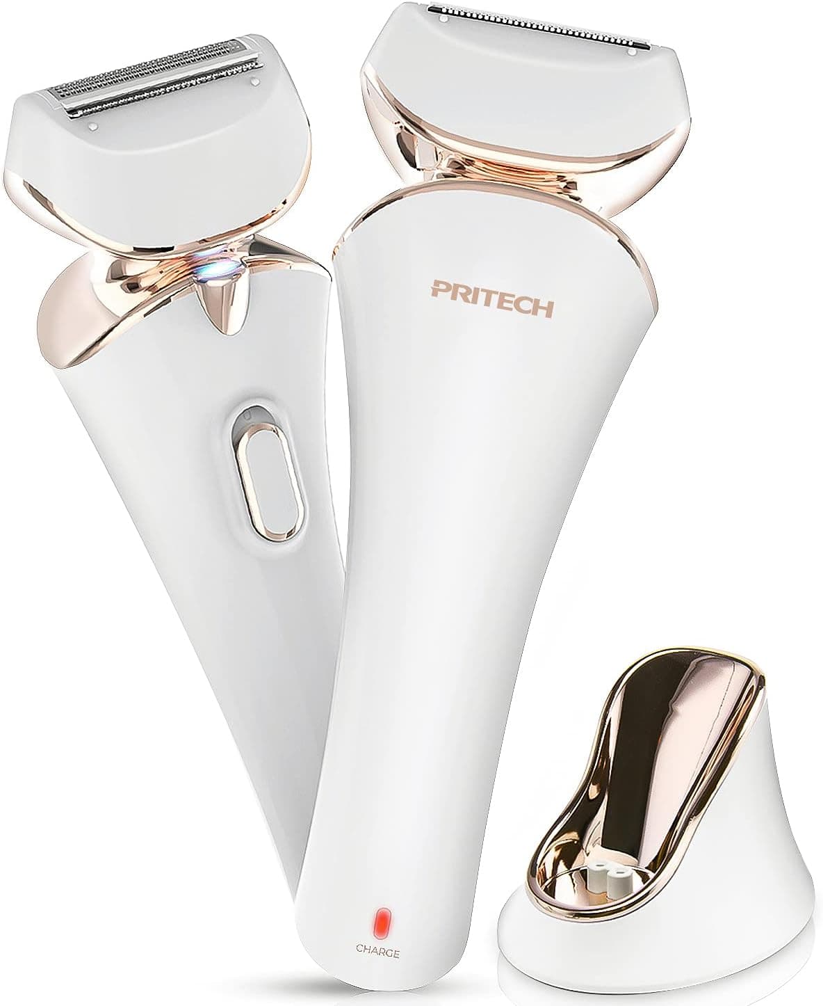 PRITECH Rechargeable Women Razor, Cordless Electric Razor for Women Wet & Dry Use, Portable Lady Shaver for Legs, Arms, Underarms Ipx6 Waterproof Shaver for Women Charge by USB & Dock, Gold