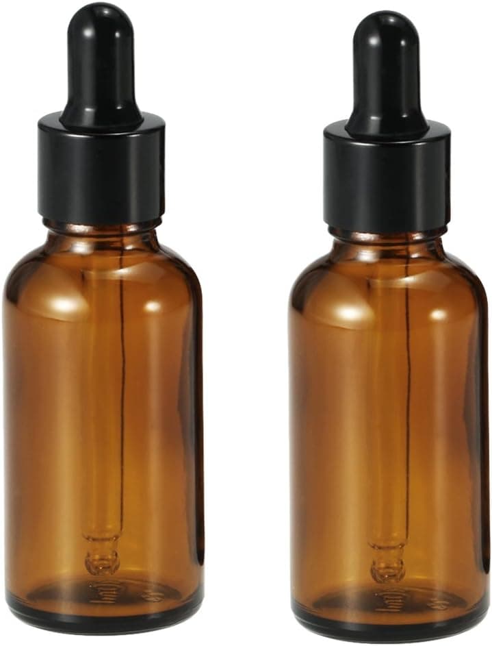 Pinklife 2 Pakcs 1 Oz(30ml) New Empty Glass Essential Oil Dropper Bottles Round Glass Dropper Bottles with Black Plastic Cover and Glass Dropper Pipette (Brown)