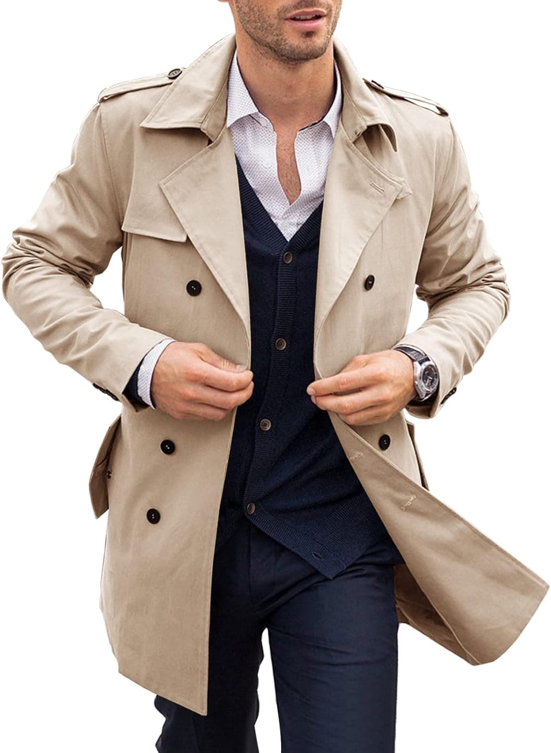 Xenuay Mens Trench Coat Slim Fit Double Breasted Casual Long Jacket Lightweight Oversized Lapel Pea Coat Overcoat