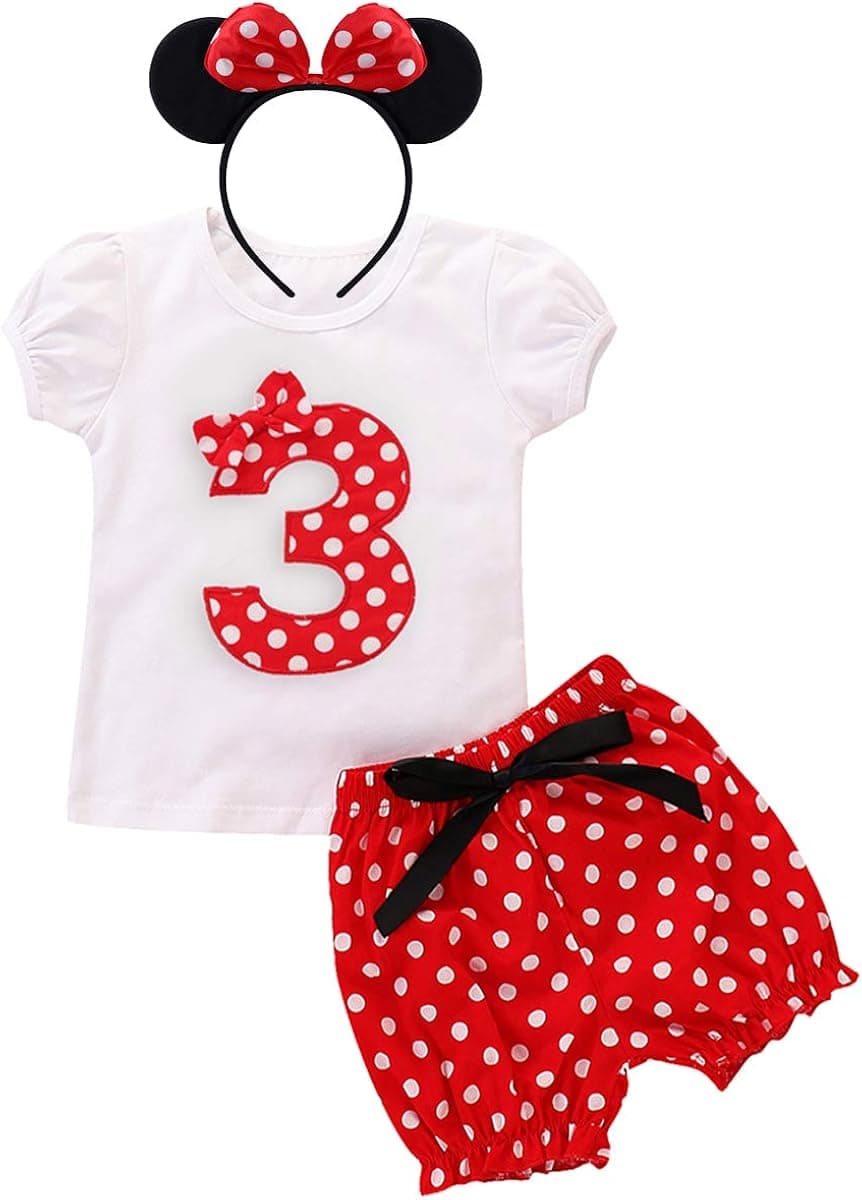 IBTOM CASTLE Little Baby Girls Christmas Costume Birthday Party Outfits Short Sleeve Tops+Polka Dots Pants+Ear Cake Smash Clothes 3rd Birthday 2-3 Years