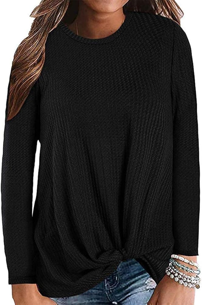 kayamiya Women's Comfy Long Sleeve Shirts Casual Twist Knot Waffle Knit Lightweight Sweatshirt Blouse Tops