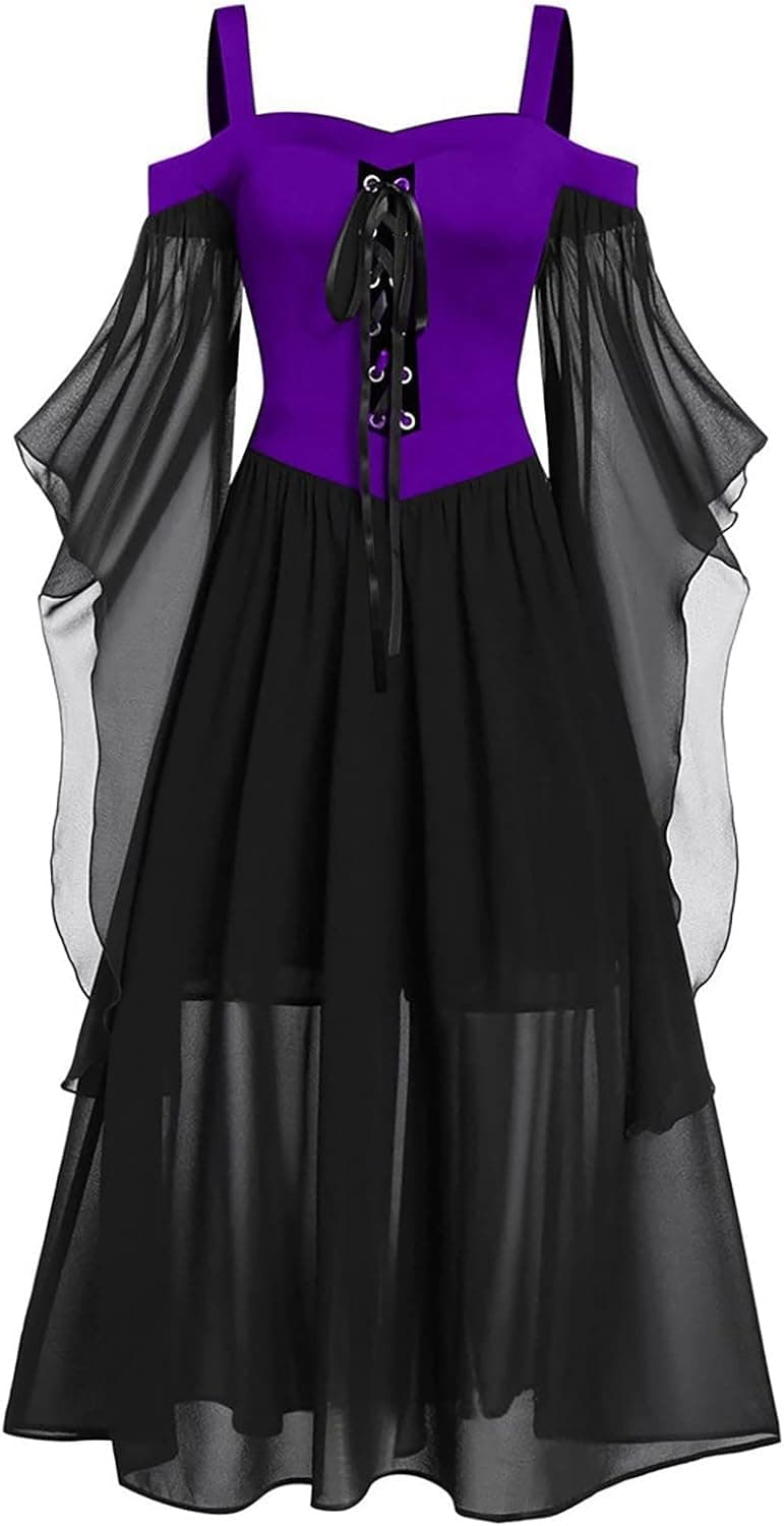 bmkBWO Medieval Costume Women Plus Size Butterfly Sleeve Halloween Maxi Dress Vintage Vampire Witch Cosplay Gothic Dress Gown