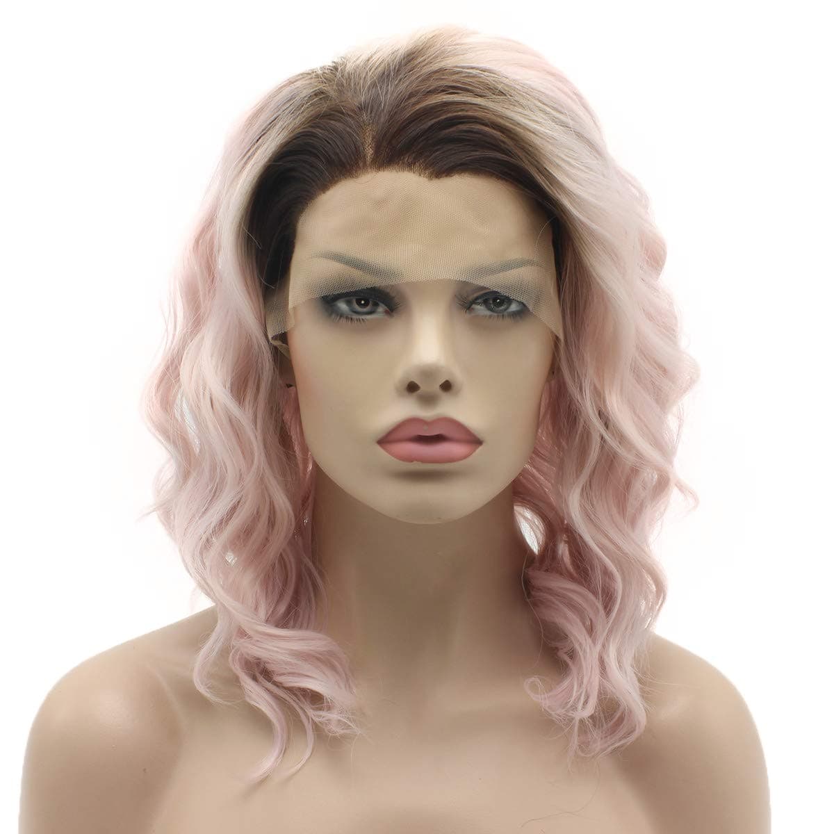 Lace Front Synthetic Wig Medium Length Wavy 14inch Dark Root Pink Ombre Wig Stylish Wig