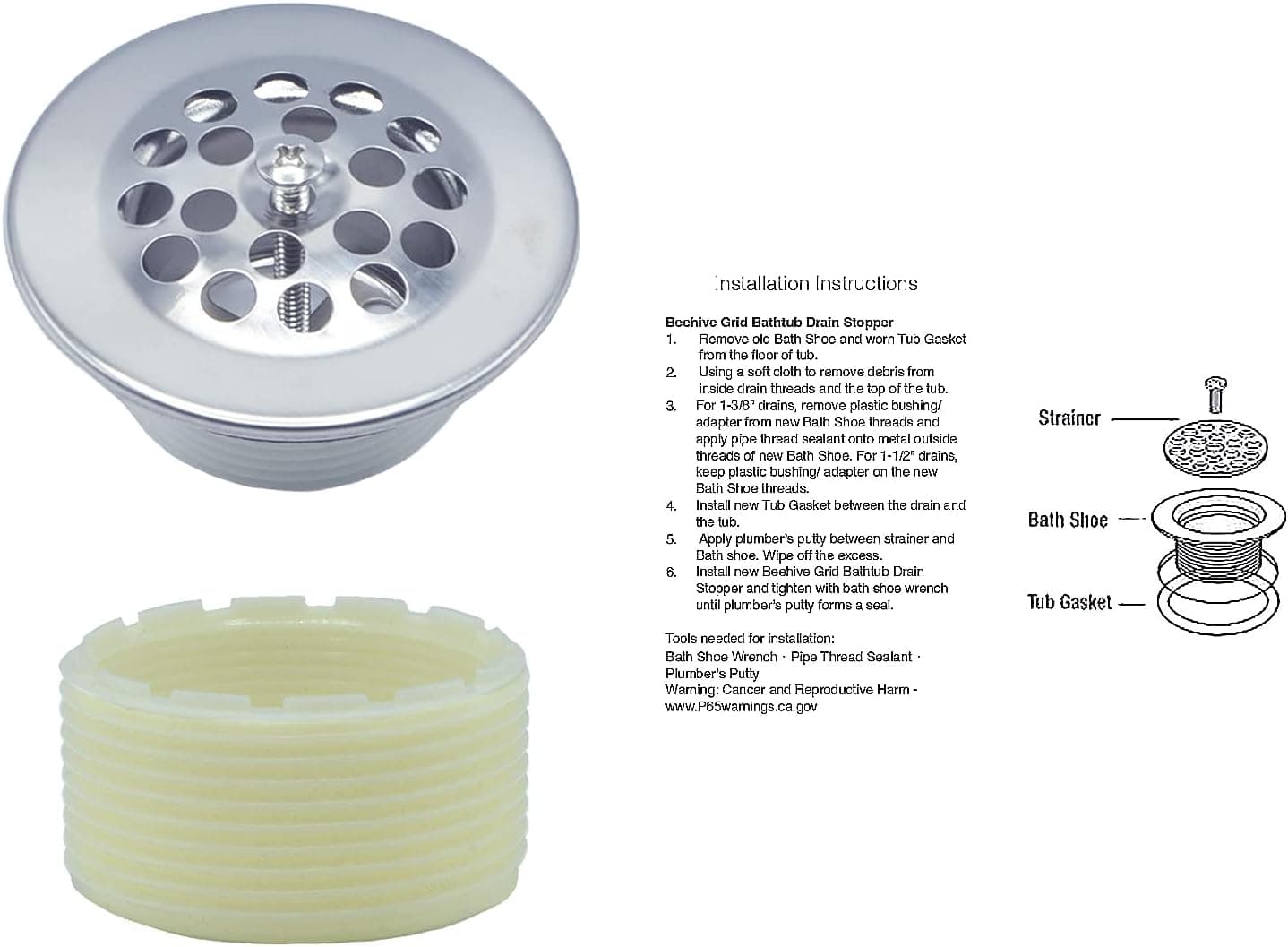 Gold-Hao-the-bathroom Beehive Grid Bathtub Drain with 1-1/4 Inch Fine Thread and 1-1/2 Inch Course Thread Bushing (Chrome)