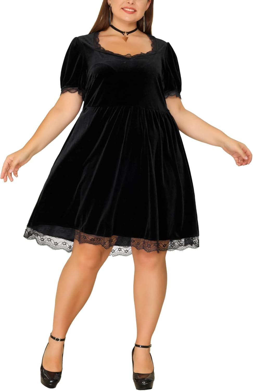 Agnes Orinda Plus Size Dress for Women Velvet Lace Trim A Line Short Sleeve Elegant Cocktail Party Dresses