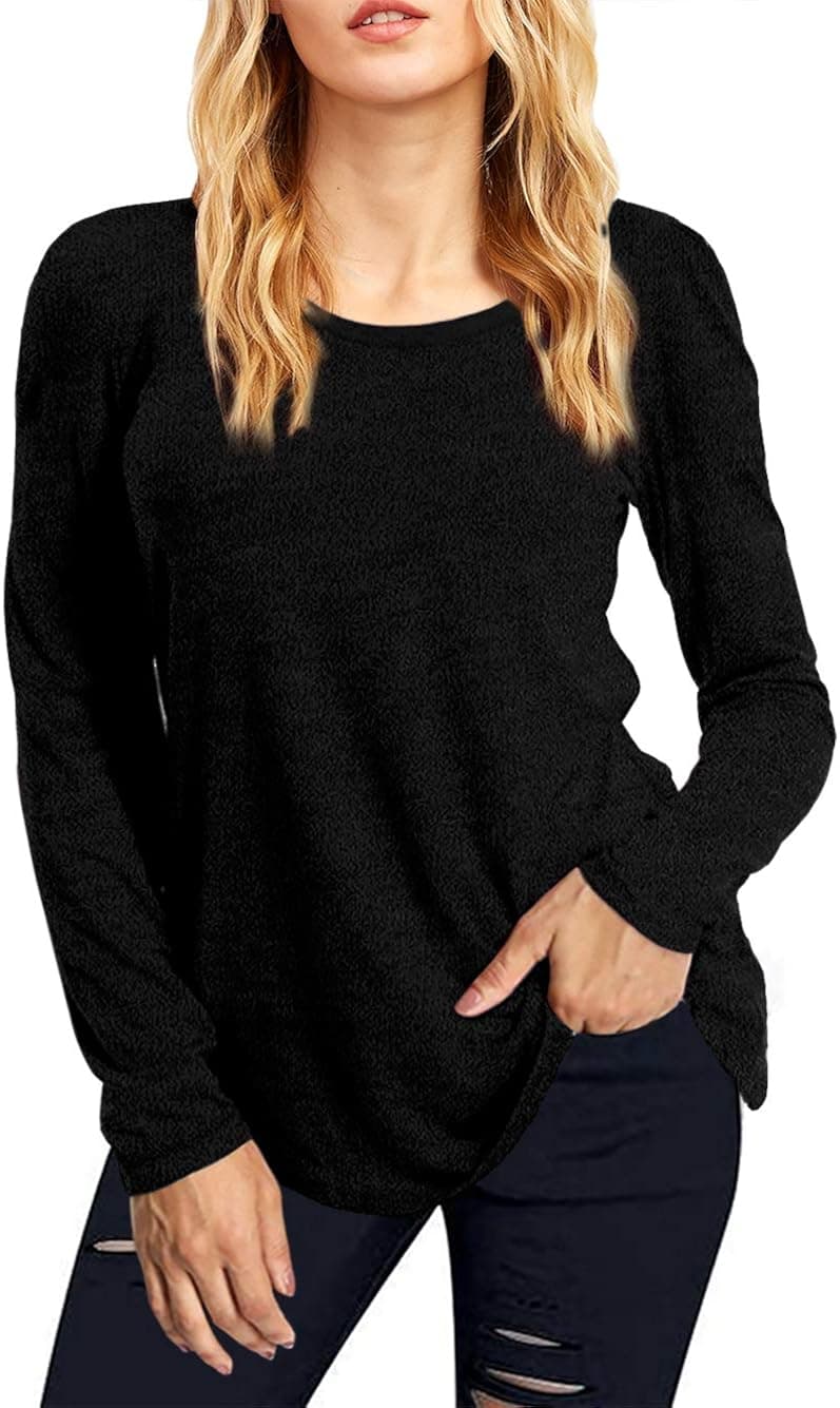 Amoretu Long Sleeve Pullover Knit Blouse Casual Plain Sweater for Women(Black,L)