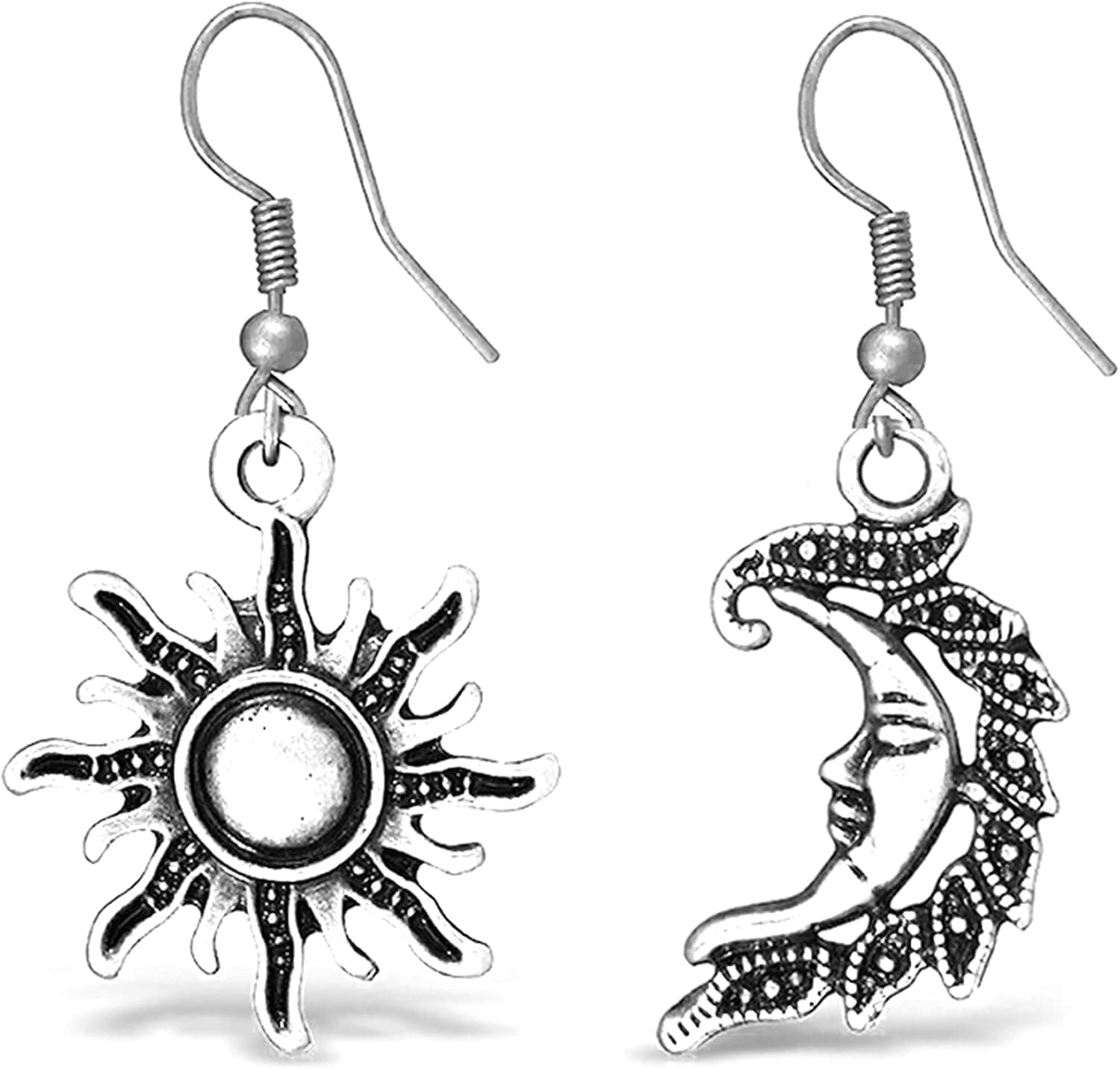 coadipress Vintage Sun and Moon Earrings for Women Girls Unique Antiqued Retro Bohemian Mismatched Smiling Sun and Moon Celestial Dangle Drop Asymmetrical Earrings Jewelry