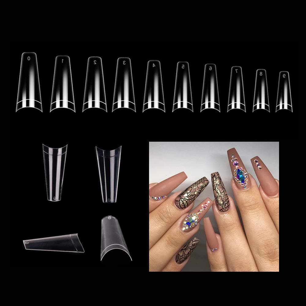 Buqikma 500 Pcs Clear Nail Tips Coffin Shape Ballerina Acrylic Coffin Nail Tips Half Cover 10 Size with Bag for Nail Salons and DIY Nail Art (Bag, Clear)