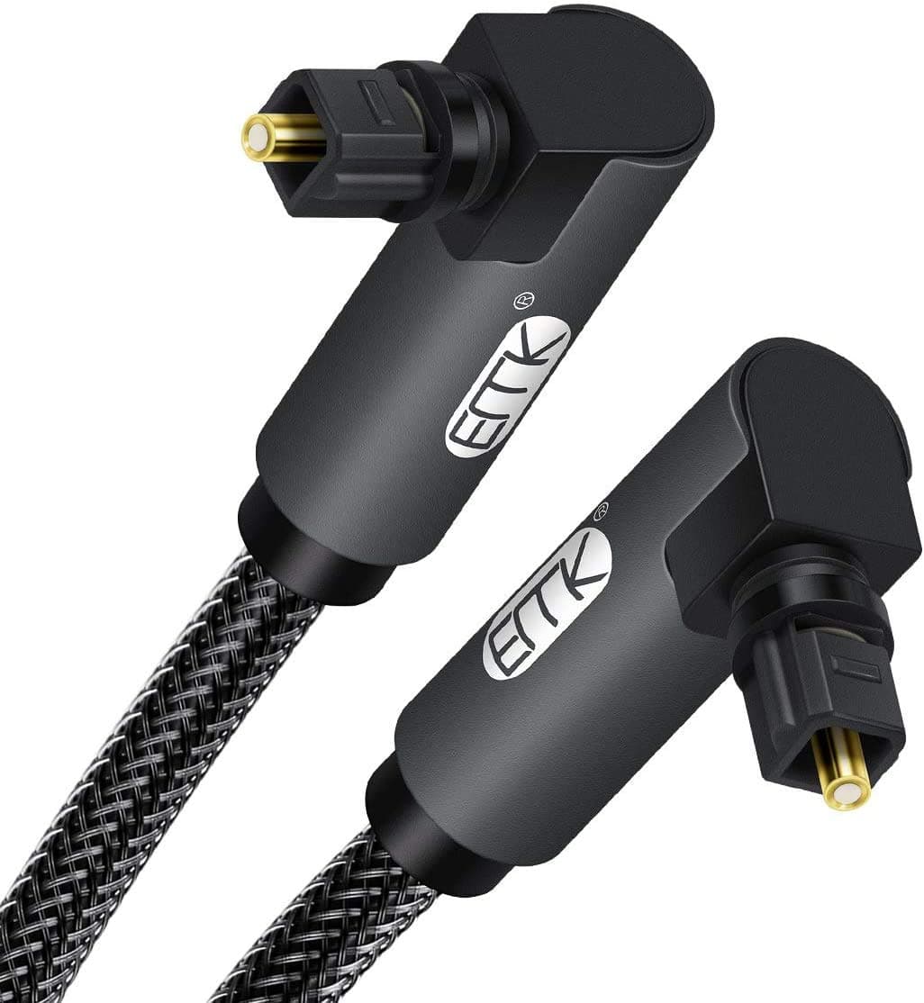 90 Degree Optical Audio Cable,EMK Toslink Cable Nylon Braided Digital Audio Optical Cable for Sound Bar, TV, PS4, Xbox Gray (5ft)