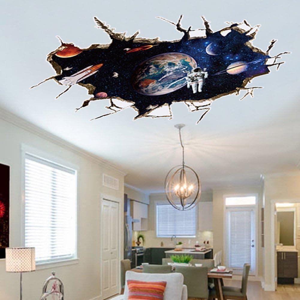 Large Blue Sky 3D Self-Adhesive Removable Break Through The Wall Vinyl Wall Sticker/Mural Art Decals Decorator (9066A Galaxy Astronaut (23.6" X 35.4"/ 60cm x 90cm))