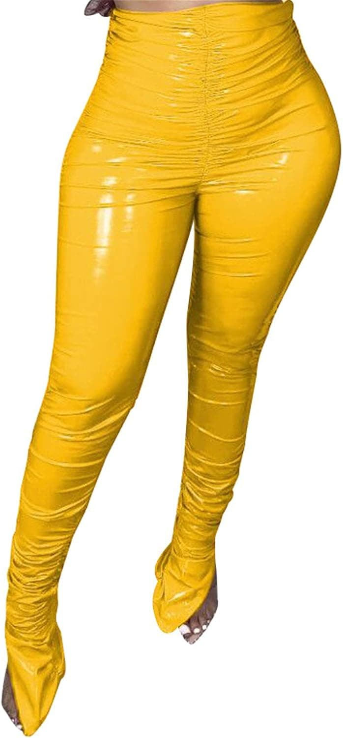 Women's Pleated PU Leather Pants High Wasit Bodycon Ruched Split Hem Faux Leather Club Legging Trousers
