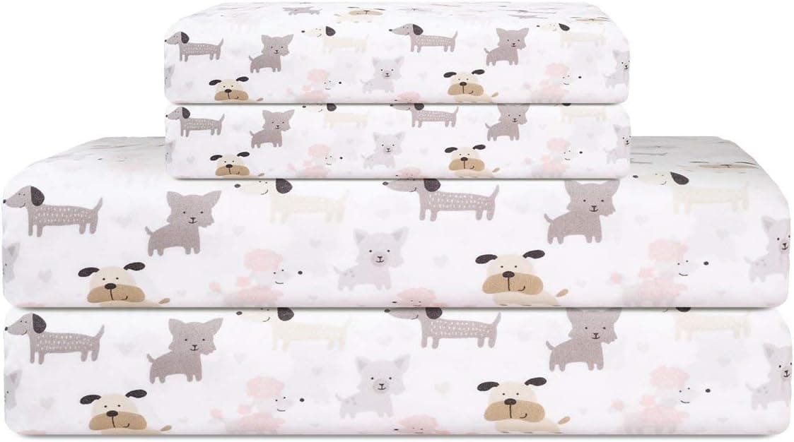 Elite Home Products Microfiber 90 GSM Whimsical Printed Deep-Pocketed Sheet Set, White Puppy Love, King