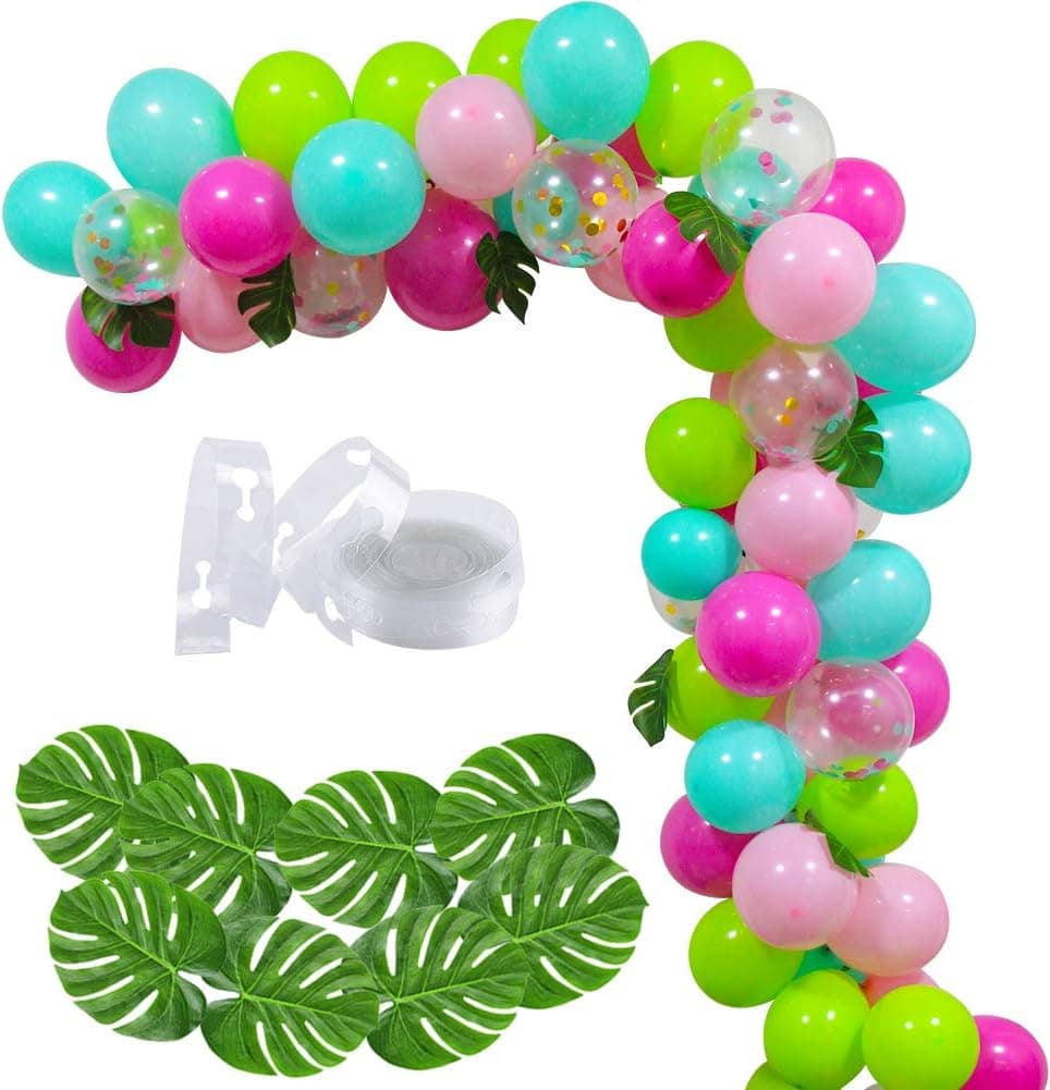Blue Green Pink Confetti Balloons Garland Arch Kit Hawaii Flamingo Tropical Theme Balloons Garland, Luau Party Decorations for Summer Birthday Baby Shower Hawaii Beach Party Supplies