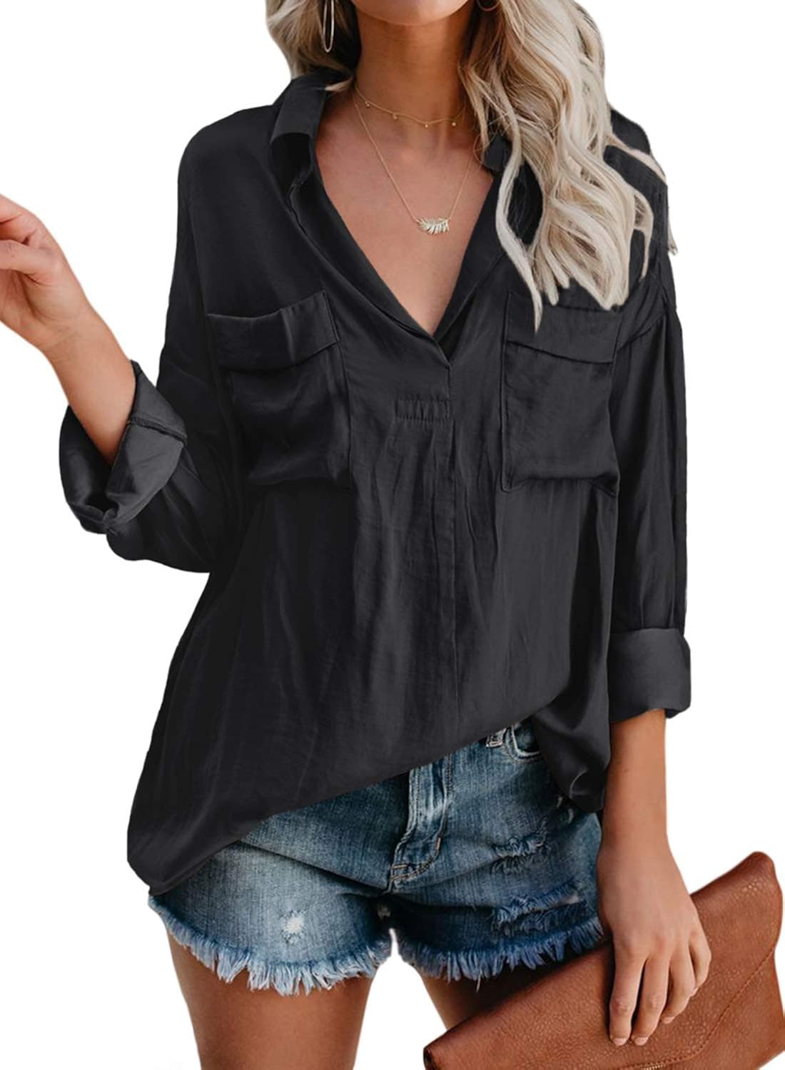 Dokotoo Womens Fashion Loose Fit V Neck Long Sleeve Solid Pockets Casual Tops Ladies Henleys T Shirts Blouses Plain Tunics Shirts Black Medium