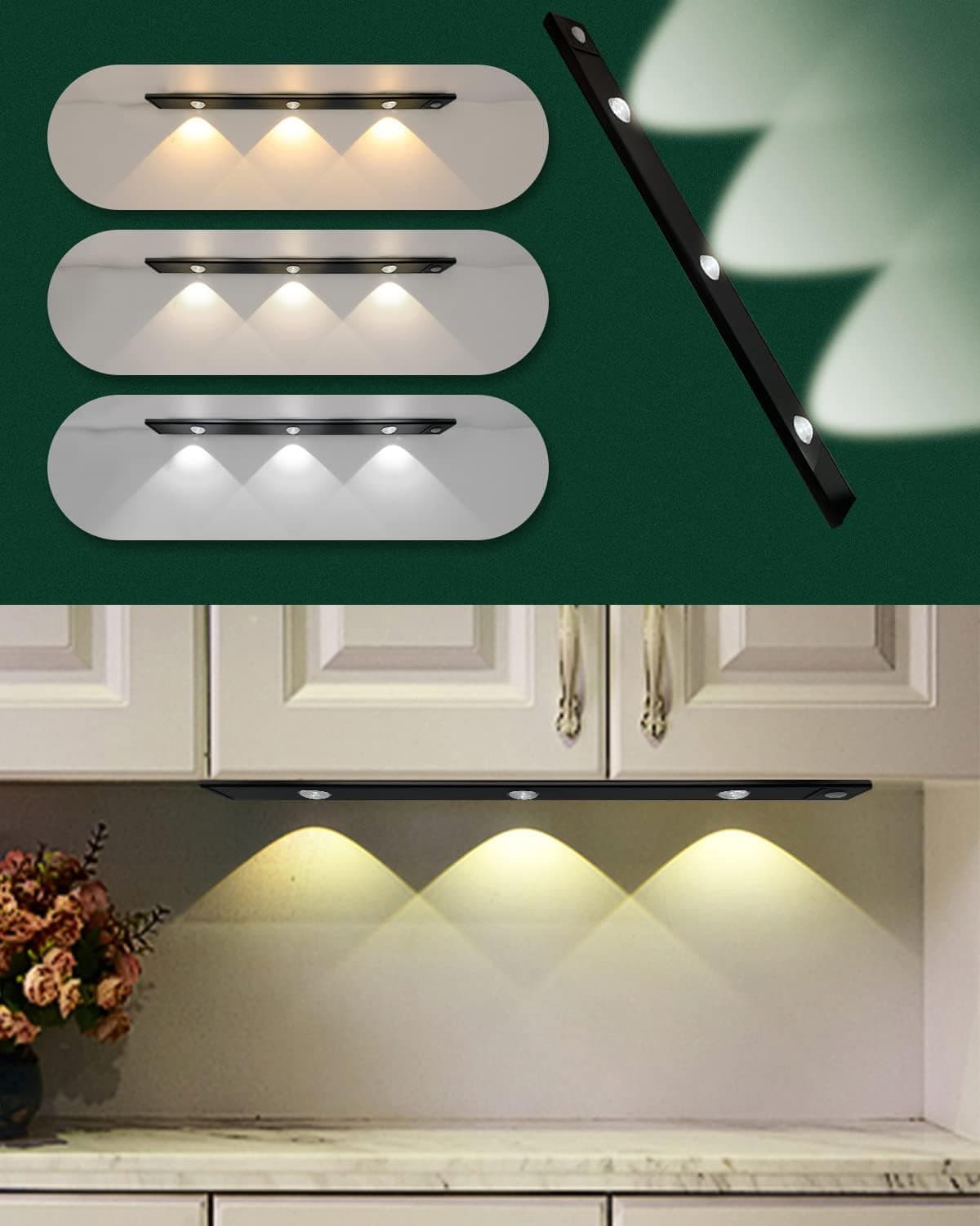 Led Under Cabinet Lights, Magnetic Closet Light Wireless 3 Color Dimmable, Motion Sensor Rechargeable Night Lights, for Bedroom, Wardrobe, Kitchen, Hallway, Stairs, Cupboard (1 Pack, Black, 40cm)
