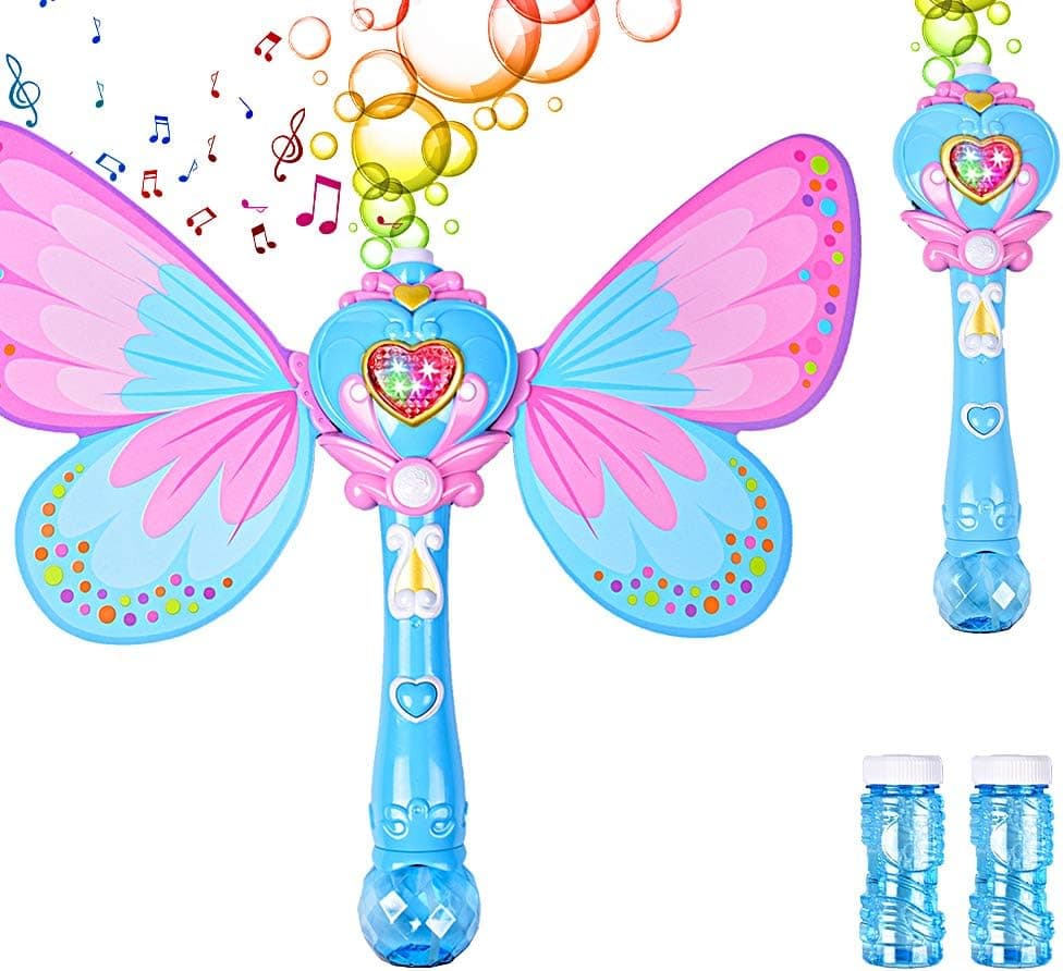 AINOLWAY Magic Bubble Wand Blower, Musical Light Up Butterfly Bubbles Toy for Kids, Party Wedding Outdoor Activity Bubble Machine with 2 Bottle Bubbles Refill (Blue)