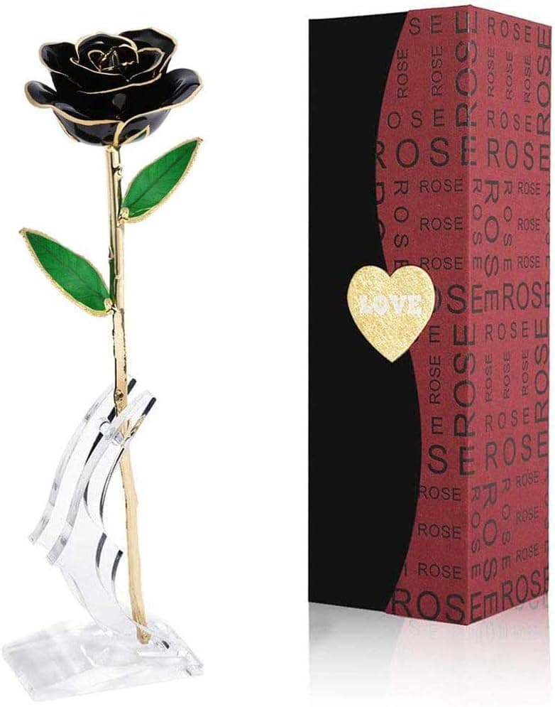 Easegain Gold Dipped Rose Black,Dipped in 24k Gold-Long Stem Rose Flowers Artificial for Decoration,Rose Flowers with Transparent Stand & Gift Box,Gift for Mom,Lover,Women,Thanksgiving Day