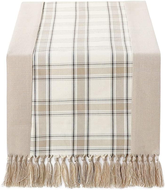 15 x 72 inch Buffalo Checks Linen Table Runner with Handmade Fringed, Rustic Farmhouse Style Wide Table Runners 72 Inches Long for Dining Room, Dresser - Beige Plaid