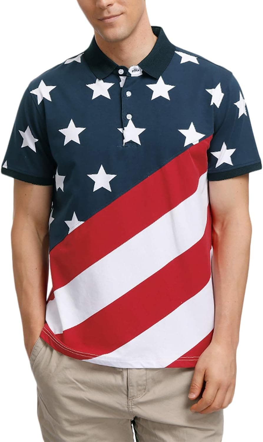 4th of July Polo Shirt for Men Patriotic Short Sleeve American Casual Button Down Tops USA Flag M
