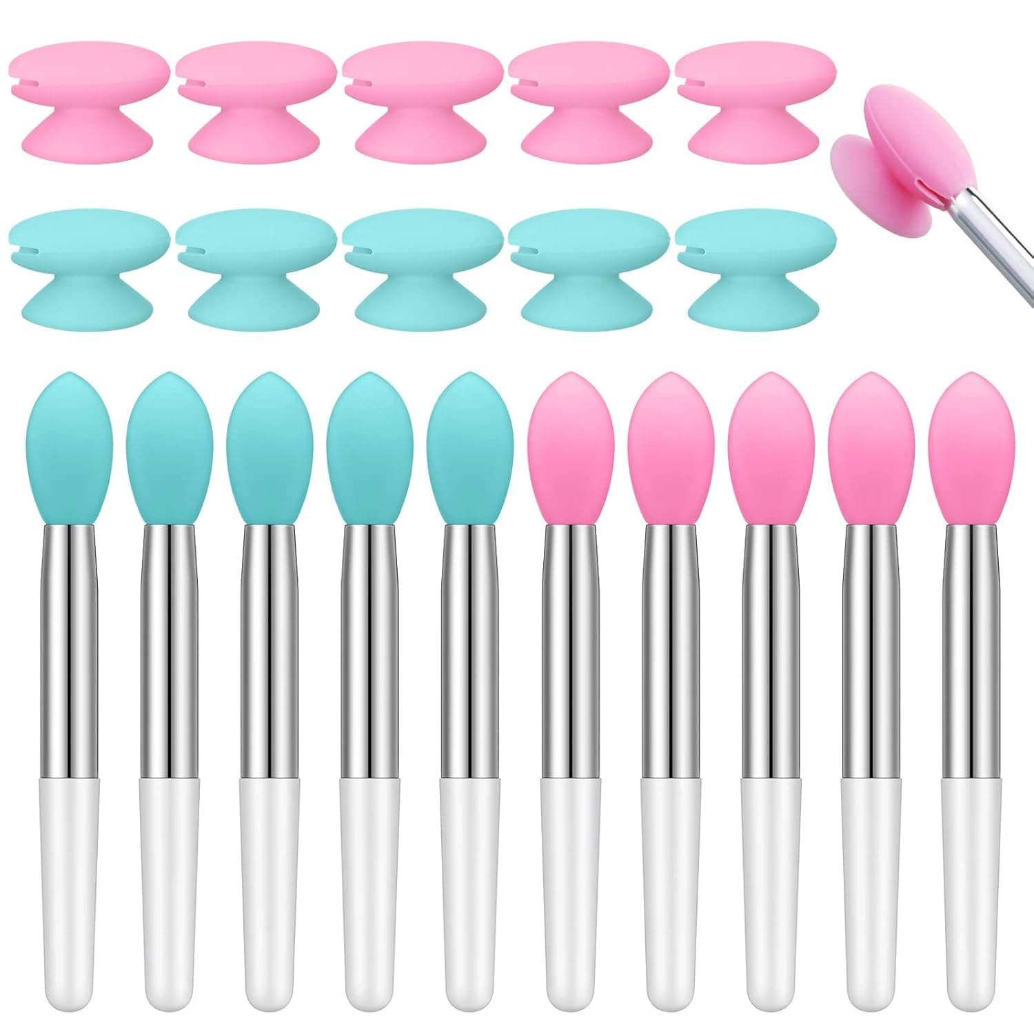 20 Pcs Silicone Lip Brush Covers and Lip Brushes for Lipsticks, Lip Gloss, Lip Balm and Other Cream Makeup Products (Pink, Green)