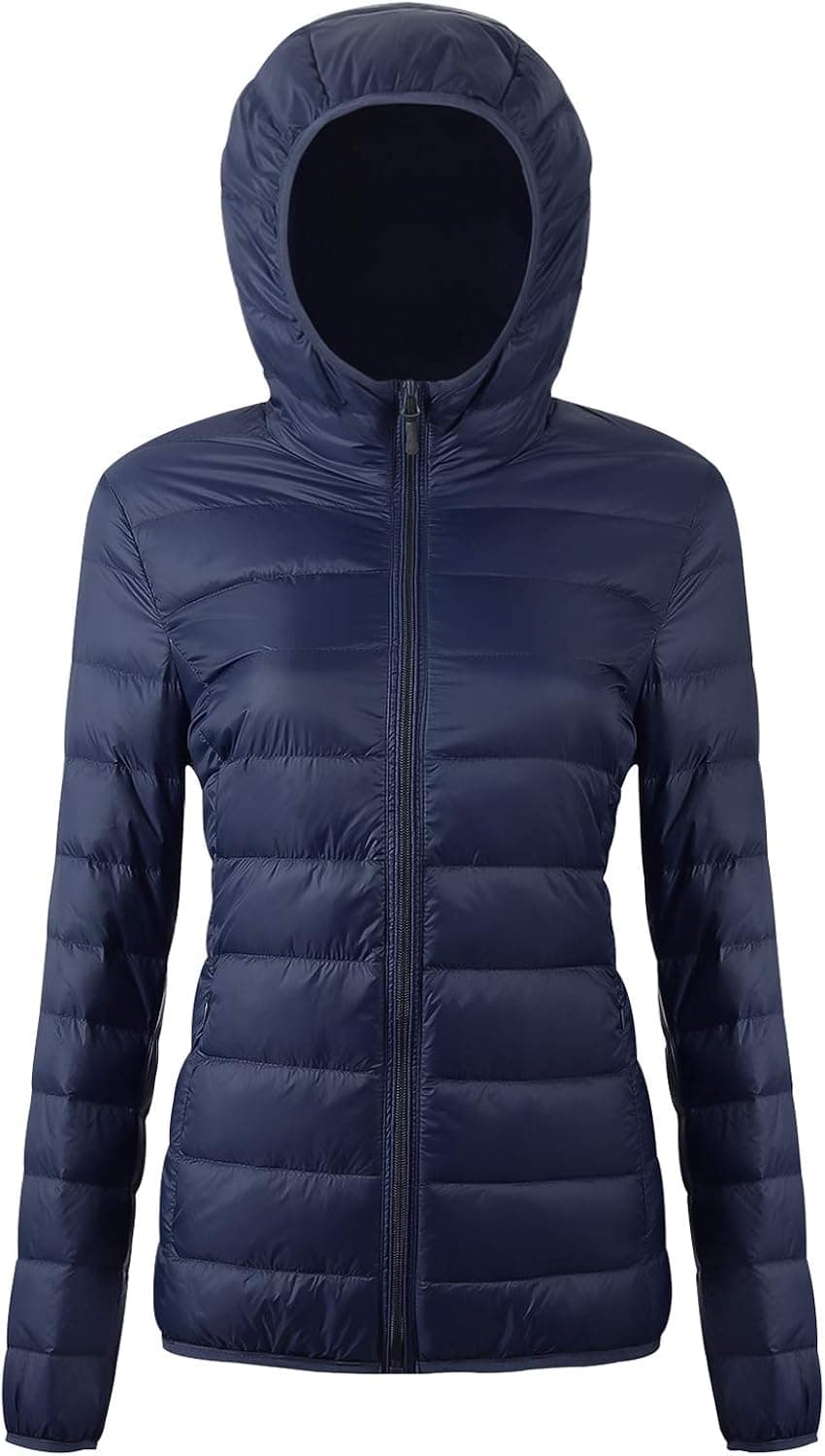 Women's Hooded Packable Down Jacket Ultra Light Weight Short Puffer Coat with Travel Bag UI19WYRF026,Navy,L