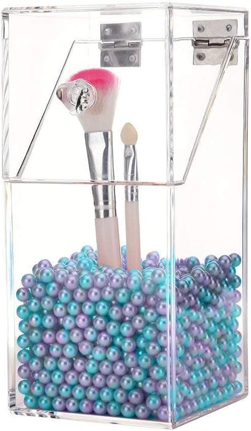 YEEGG Clear Cosmetic Brush Organizer,Acrylic Brush Holder with Lid,Dustproof Makeup Brush Holder with Free Pearls for Vanity Counter-top (Colored Pearls)
