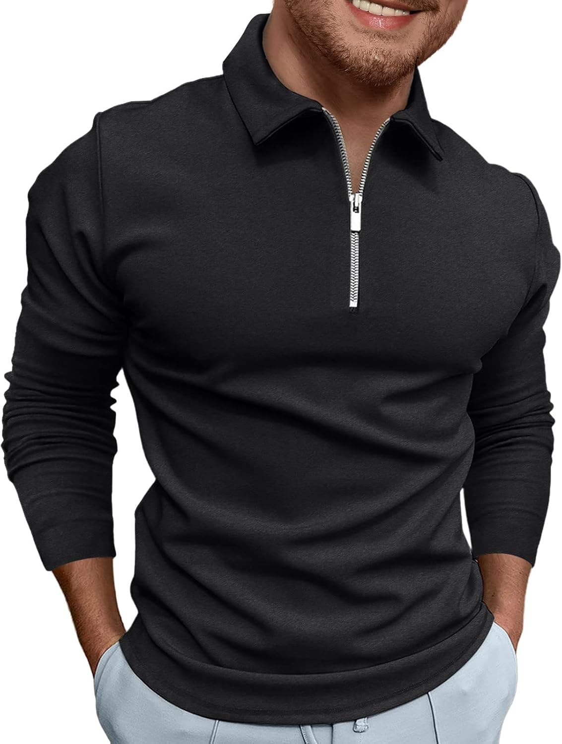 Opomelo Men's Fshion Cotton Polo Shirts Fleece Long Sleeve Shirt Quarter Zip Casual Sweater Black