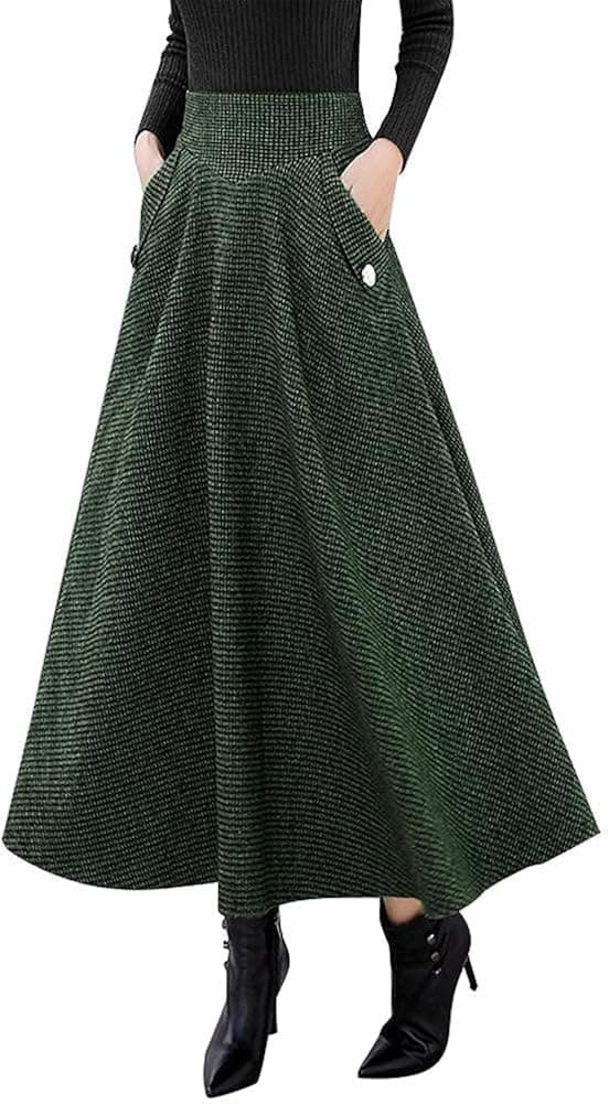 IDEALSANXUN Women’s Fall/Winter High Waist Plaid Slim A-line Long Skirt