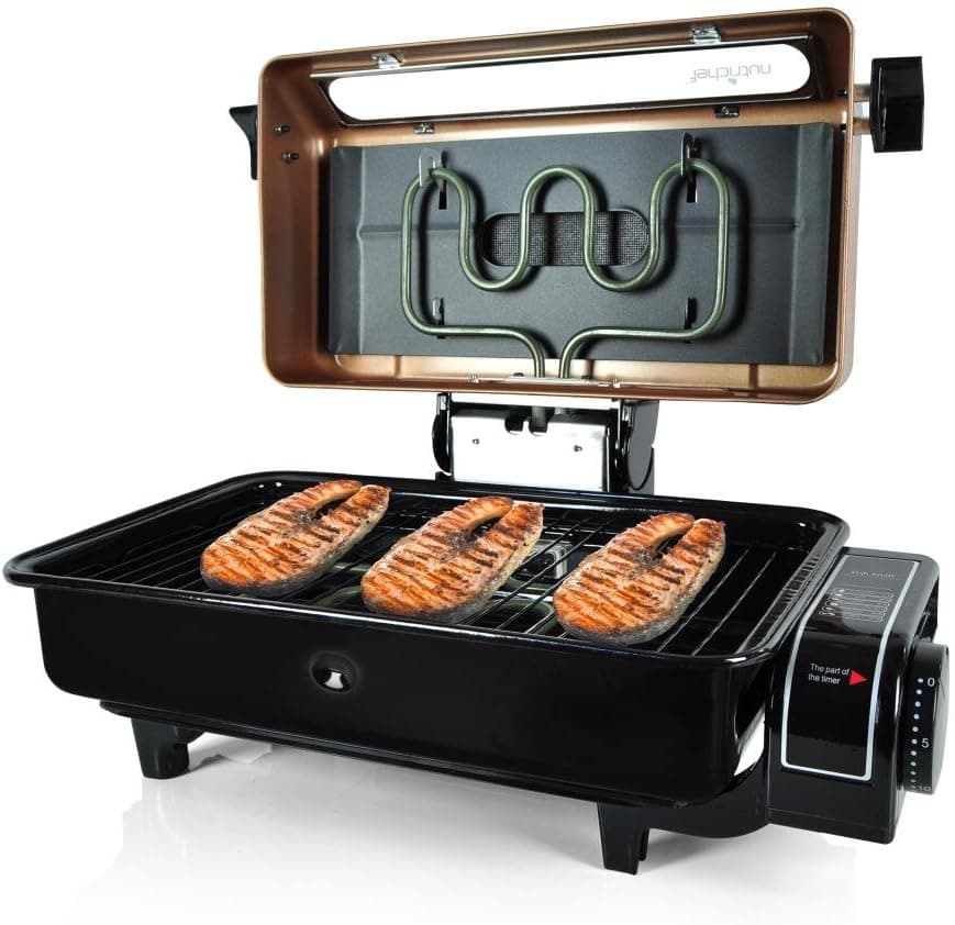 Nutrichef Electric Fish Grill Indoor Cooking - Small Outdoor Backyard BBQ For Fish Steak Meat Skewer & Seafoods - High Griddle Heat Searing Removable Countertop & Washable Cover Cook Tray Red (PKFG16)