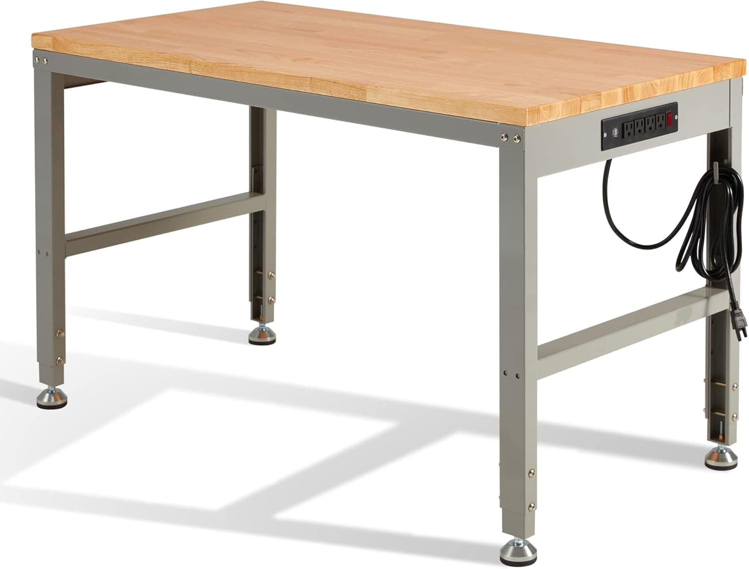 Homgava 48" Adjustable Workbench for Garage, 2000 Lbs Capacity Rubber Wood Top Work Station, Heavy Duty Work Bench with Power Outlets for Shop Office Home, Gray