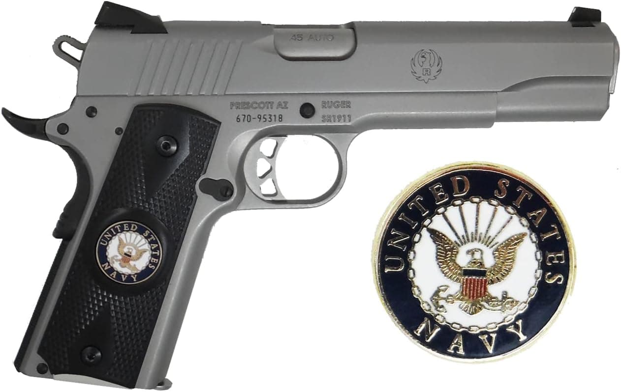 Garrison Grip 1911 Colt A1 Full Size and Clones (Grips Only) with US Navy Colored Medallion Set in Double Diamond Ebony Black Colored ABS