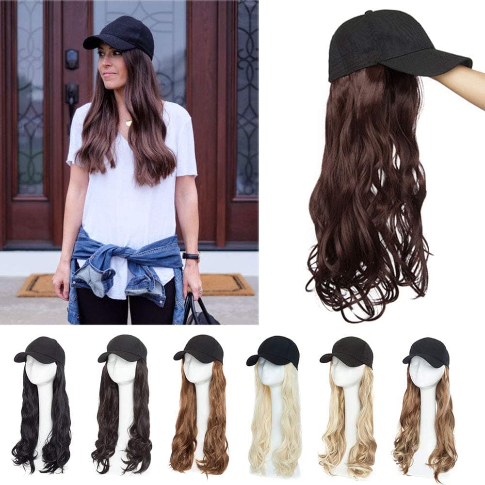 Rich Choices Synthetic Long Hat Hair Extensions Curly Wavy Corn Wave Hairpiece Baseball Cap With Hair Attached Adjustable Cap Black Hat Yaki Hair Extensions For Women(16''-Curly,Wine Red)