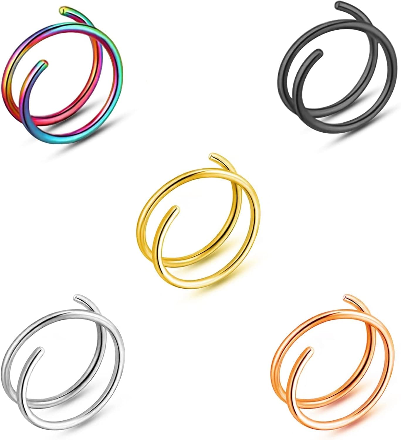 CLASICOMIS Double Nose Ring for Single Piercing, 20 Gauge Gold Spiral Nose Rings Hoops for Nose Piercings, Double Nose Ring Hoop for Women Girls