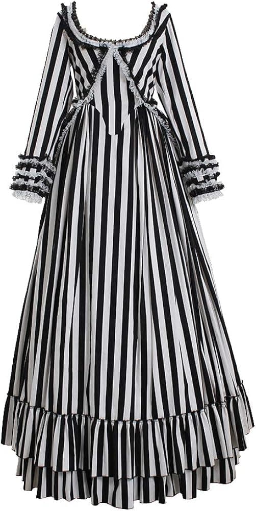 Sleepy Cosplay Hollow Katrina Van Tassel Costume Dress Black and White Striped Dress