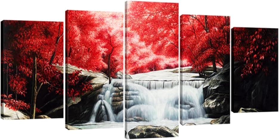 Wieco Art Red Forest Waterfalls 5 Piece Canvas Prints Wall Art for Living Bedroom Room Home Decorations Modern Gallery Wrapped Giclee Grace Landscape Tree Oil Paintings Reproduction Pictures Artwork