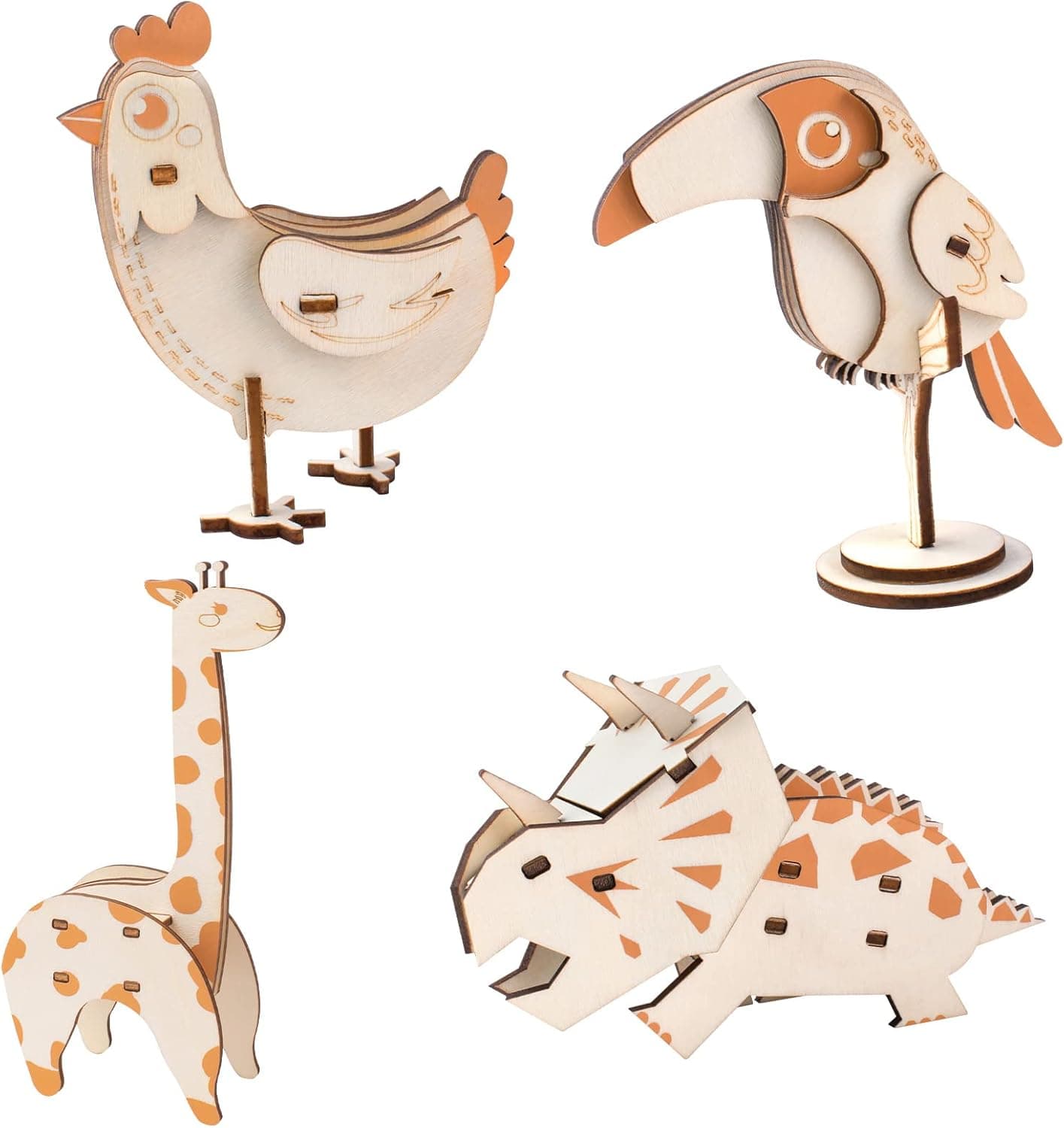 IFIYOOY 3D Small Wooden Puzzles for Kids and Adults Wood Building Kits Including Giraffe, Toucan, Pullet and Triceratops | Educational STEM Toy | Safe and Non-Toxic Crafts for Girls and Boys