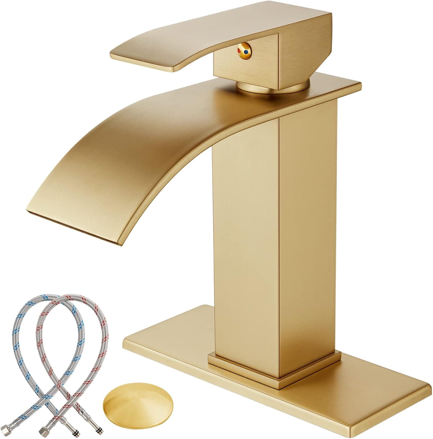 Midanya Brushed Gold Bathroom Sink Faucet Waterfall Spout Single Handle 1 Hole Deck Mount Mixer Tap Lavatory Vanity Sink Faucet Commercial with Deck Plate Pop Up Drain with Overflow