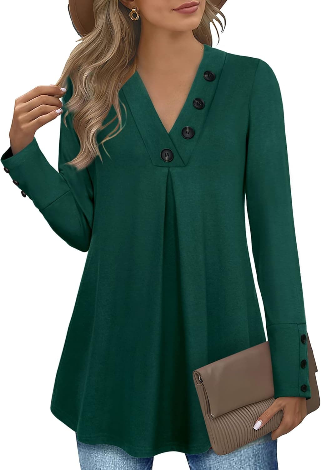 Messic Women's Long Sleeve Button V Neck Flowy Pleated Shirts Casual Tunic Tops Blouse