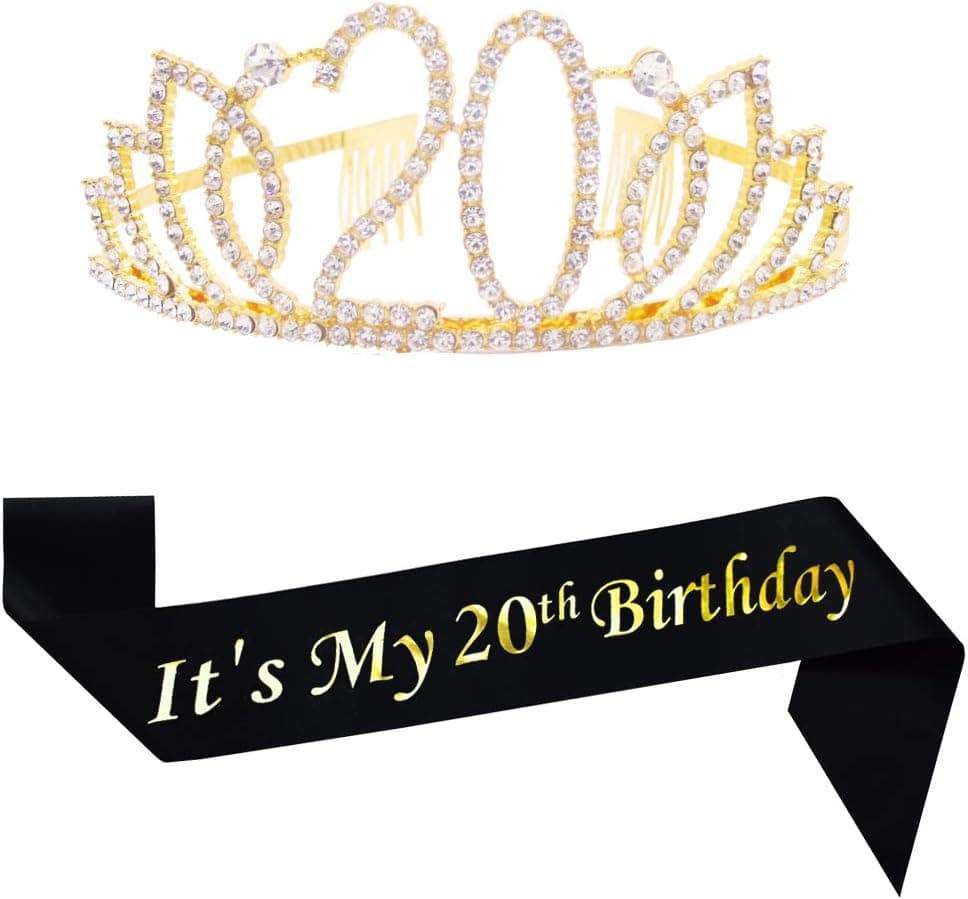 20th Gold Birthday Tiara and Black Sash Glitter Satin Sash and Crystal Rhinestone Tiara Crown for Happy 20th Birthday Party Supplies Favors Decorations 20th Birthday Party Accessories