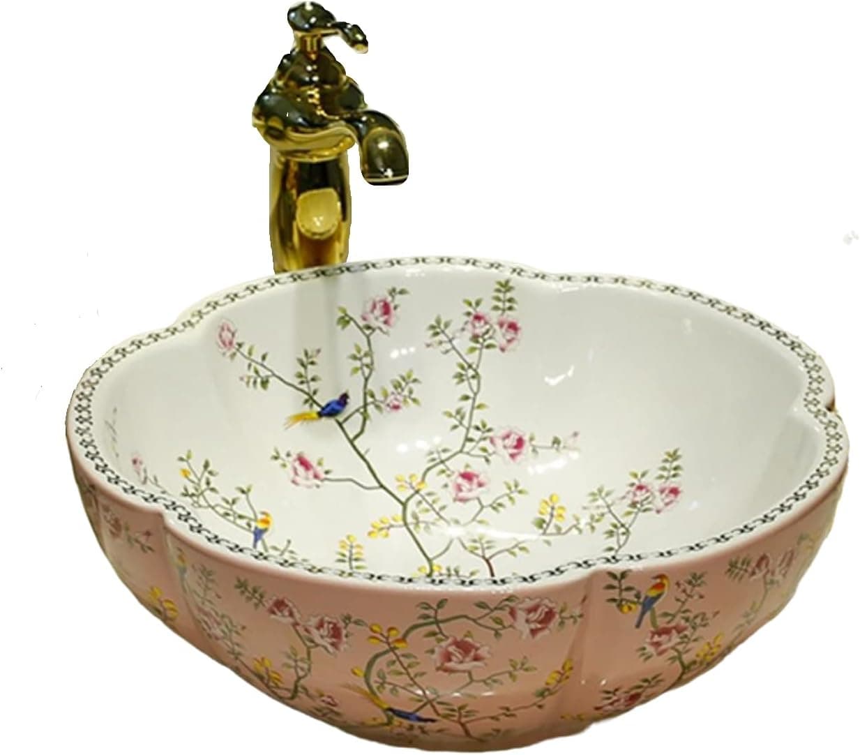 Pink Color Flower Shape Bathroom Vessel Sinks Ceramic Art Wash Basin with Flower Bird Pattern for Counter Vanity Top,1 Sink Only