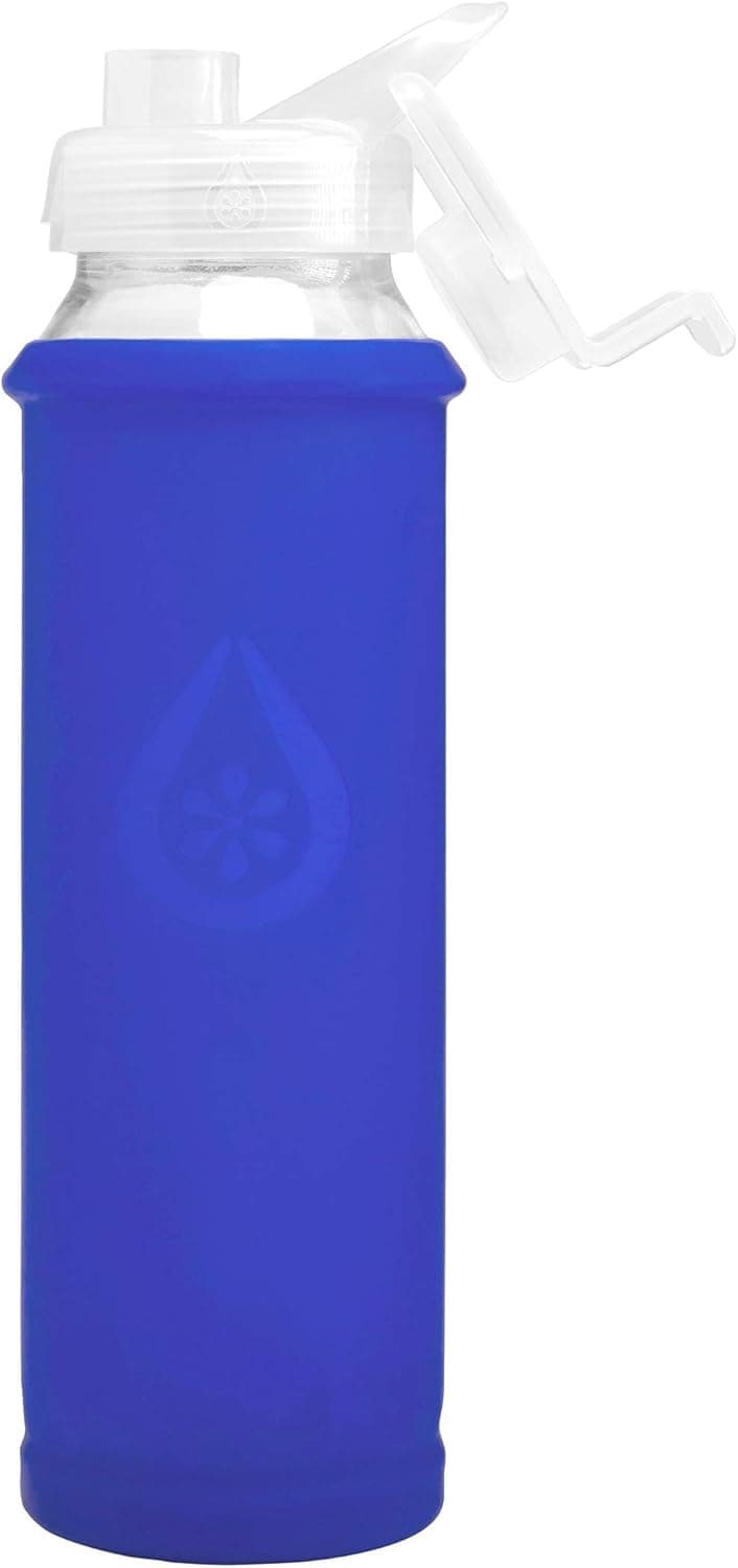 Eveau Glass Water Bottle with Flip Lid, Sky Bumperguard Silicone Sleeve, Wide Mouth Opening, 21 Ounce/630 ml