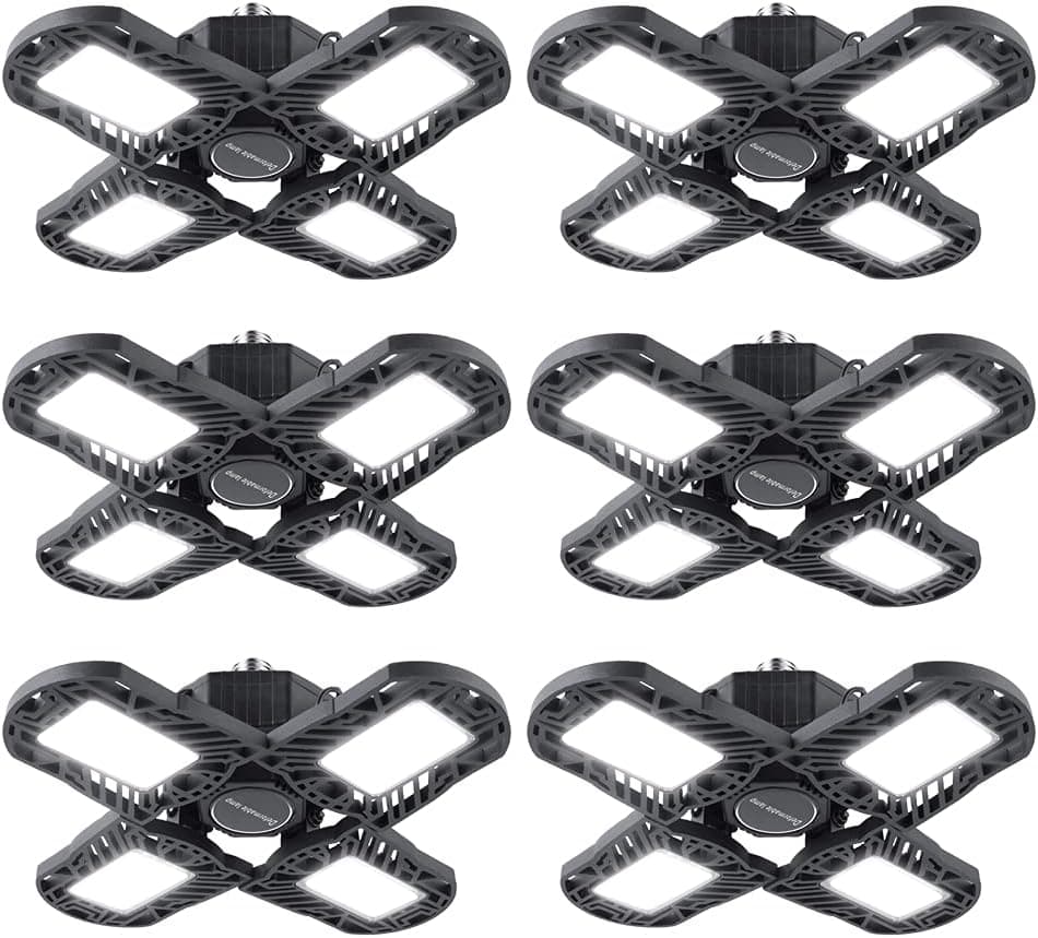 LED Garage Lights 6PACK, 100W Garage Lighting, E26/E27 10000LM High Bay Deformable LED Garage Ceiling Lights with 4 Adjustable Panels, 6000K Daylight LED Shop Lights for Garage Basement Workshop