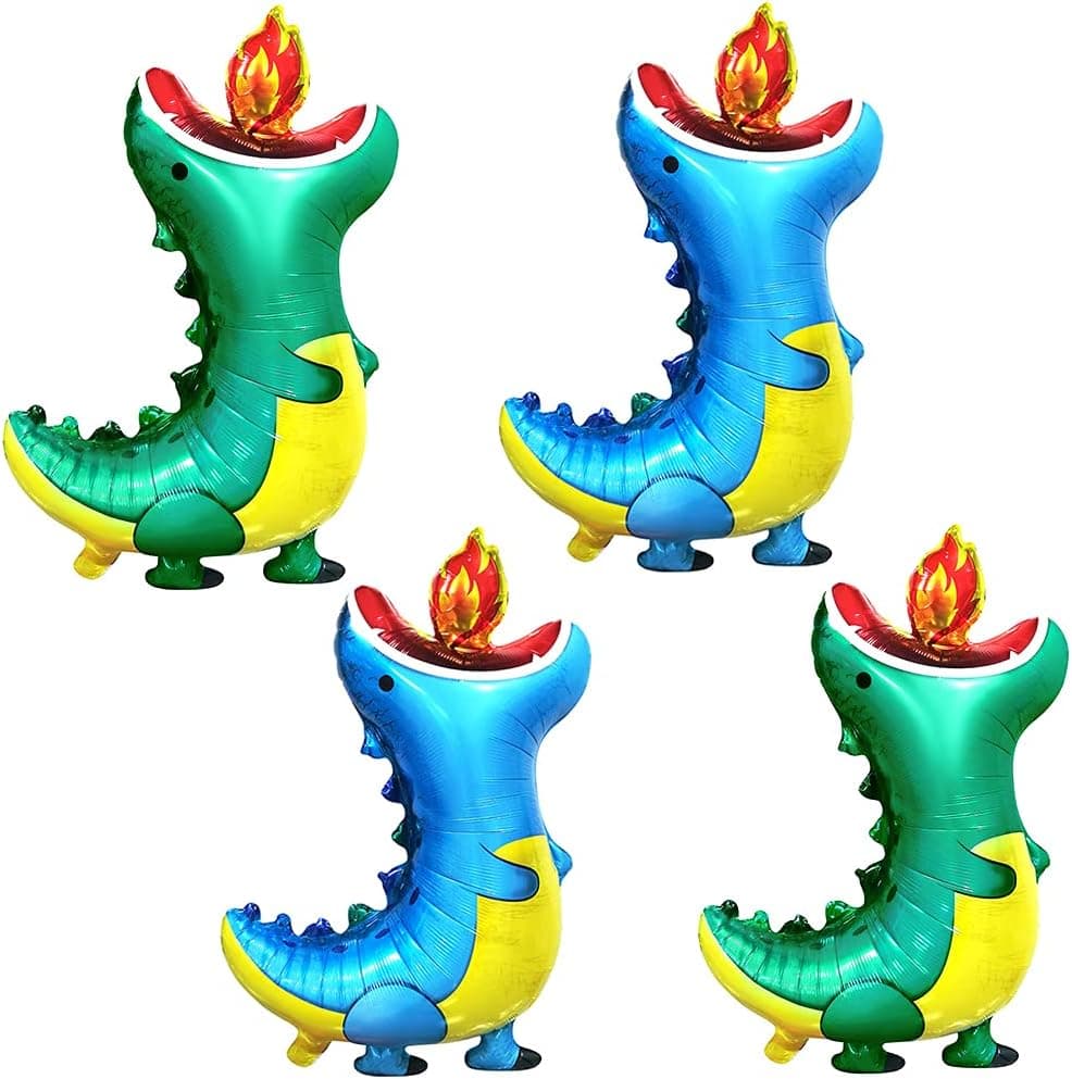 4Pcs Dinosaur Aluminum Foil Balloons, 34inch Giant Self Standing Dinosaur Foil Balloons, Fire Dinosaur Aluminum Balloons for Kids Birthday Dinosaur Theme Party Decorations